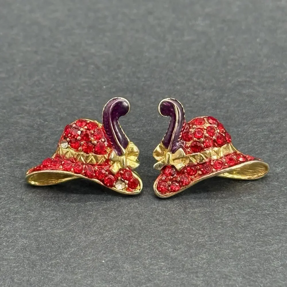 Vintage Gold-Tone Costume Earring Lot Red Rhinestone Hat Faux Pearl Enamel